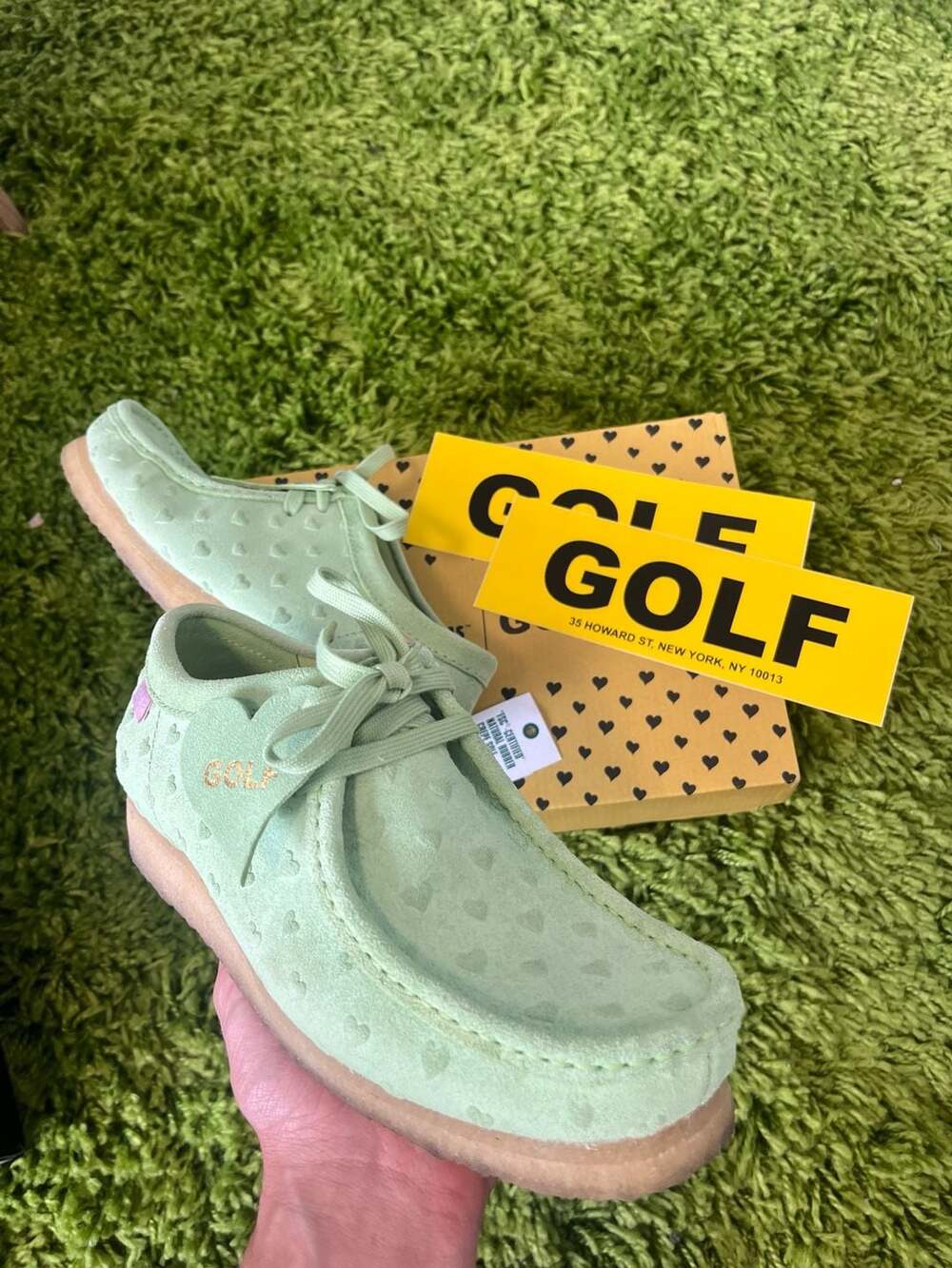 Clarks Originals x Golf Wang Wallabee Love Hearts Mint Green Suede Shoes